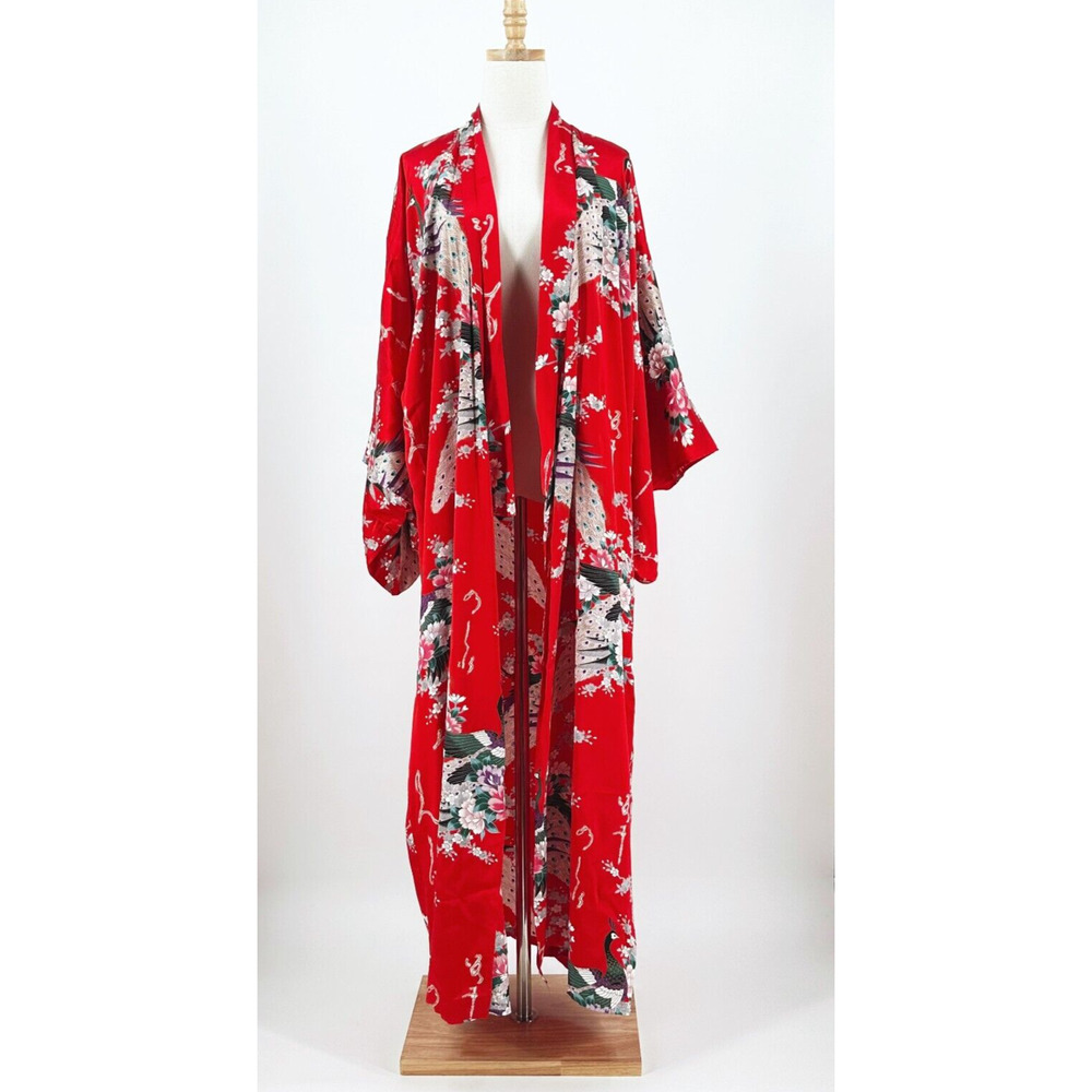 Womens Vintage Japanese Silk Kimono Robe Open Front Crane Long Lightweight Boho